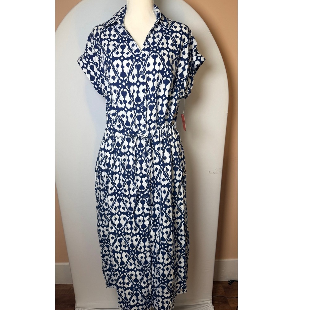 Jewel Badgley Mischka Navy White Ikat Shirt Dress NWT Medium Pocket Midi
